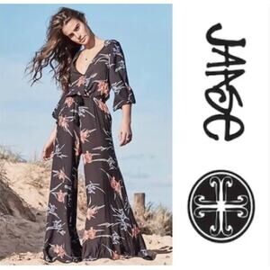 Jaase Anthropologie Womens jumpsuits black hawaiia pink blue flowers wide leg S